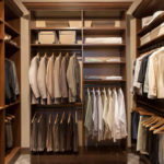 Custom built-in closet shelving with multiple rods, open shelves, and cubbies for organized clothing storage.