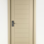Painted interior door with horizontal panel design, lockset installed, and cased opening trim.