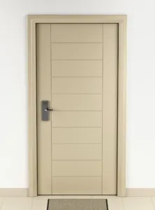 Painted slab door with horizontal panel lines, a lever handle, and cased trim.