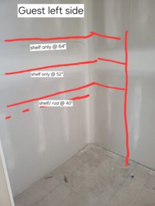 Closet layout marked with red lines showing shelf and rod placement heights before installation.