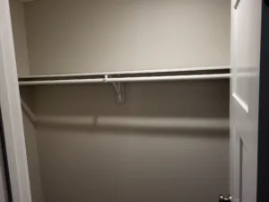 Closet interior with a single hanging rod installed, painted gray walls, door edge visible at right.