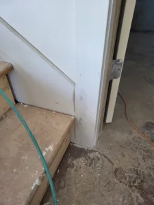 Primed entry door hung in its frame, with hinge hardware visible on the jamb