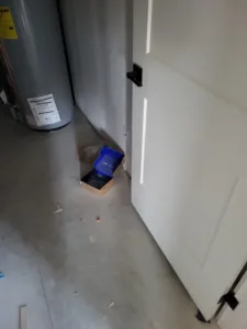 Painted white door open near a water heater in an unfinished utility closet, black hinge visible.