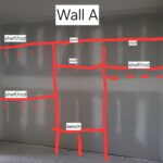 Closet framing plan with annotated shelf, rod, and bench layout on drywall.