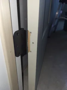Metal hinge mortised into a door edge, mounting screws and thin shim visible.