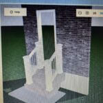 3D stair design rendering showing newel posts, horizontal rod railing, and landing platform.