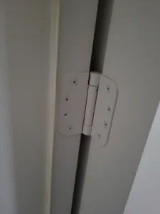 Hinge leaf mounted on a painted door edge with screw holes clearly visible
