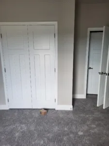 White paneled closet doors with full casing installed in a finished bedroom.