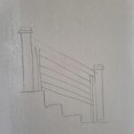 Design sketch of horizontal-rod railing with newel posts and curved base detail.