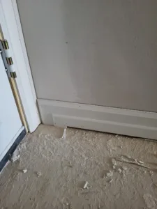White baseboard installed at wall to floor junction near a door hinge, debris on concrete subfloor.