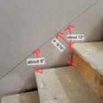 Stair tread and riser measurements marked during framing—rise and run dimensions being verified on rough stairs.