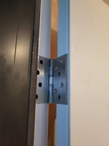 Metal hinge mortised into a silver door frame beside a dark wood slab door
