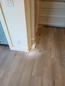 Painted baseboard meets wood floor near a hallway doorway opening.