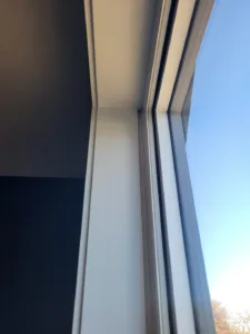 Painted window jamb corner with glass reflecting blue sky and bare tree branches outside