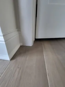 Painted baseboard and door casing meet vinyl plank flooring at an interior doorway corner.