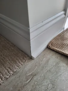 Painted baseboard meets a carpet to hard floor transition at an inside corner.
